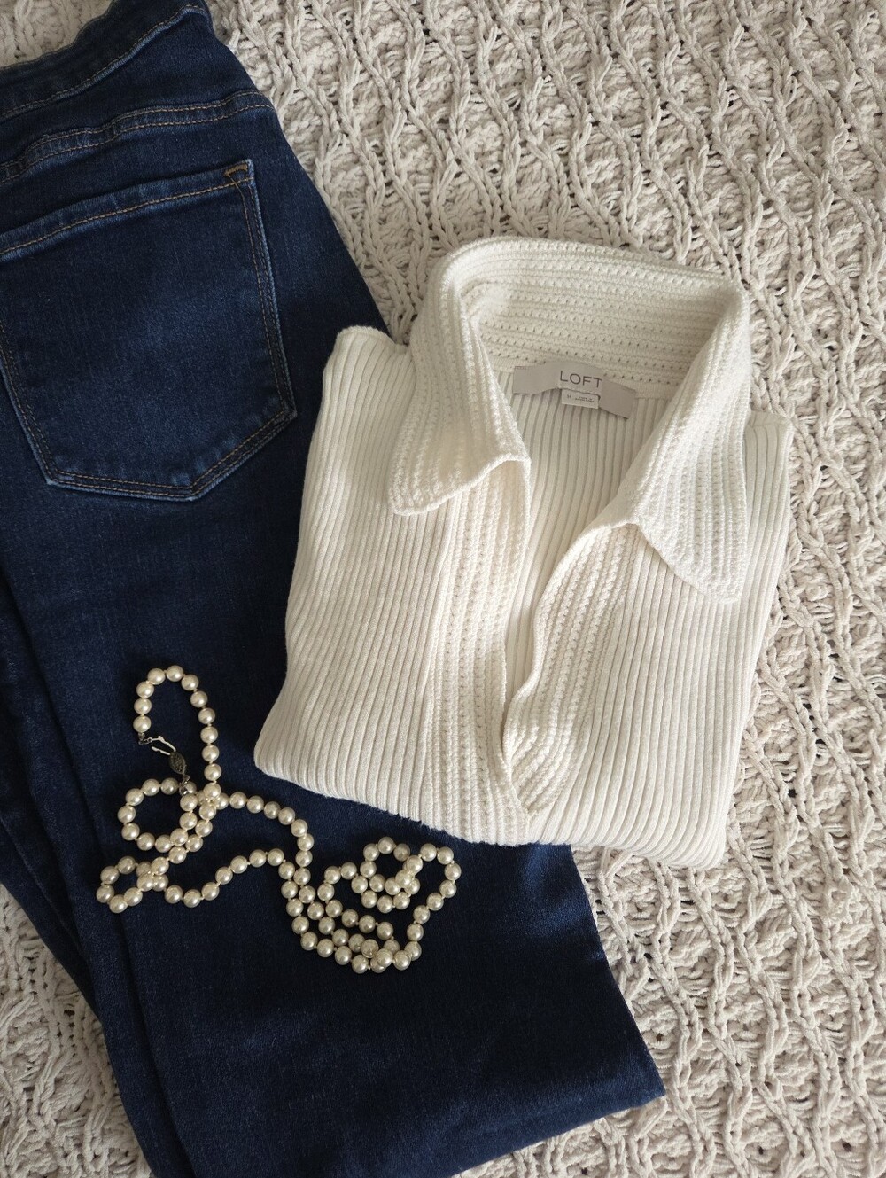 LOFT Cream Ribbed Collared Sweater - Classic Women's Pullover
